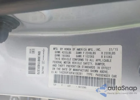 2015 Honda Accord Lx z USA, uszkodzony, nr VIN 1HGCR2F32FA106261